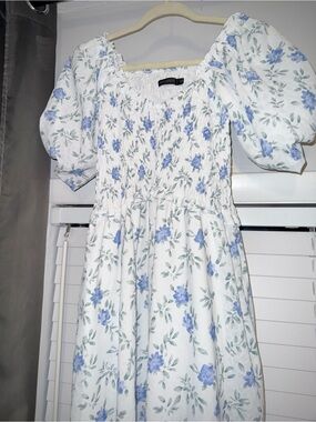 Mikarose White Floral Smocked Midi Dress with Puff Sleeves